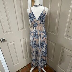 Gilead vintage pink blue floral v-neck strappy midi slip dress gown. Size M.